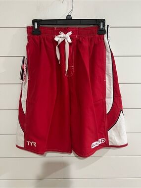 TYR Red and White Men's Lifeguard Athletic Swim Shorts